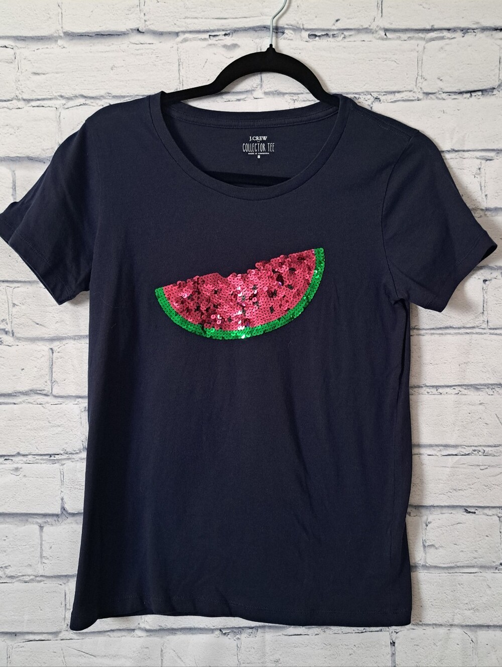 J. Crew Navy Short-Sleeve Tee with Pink and Green Sequin Watermelon Small